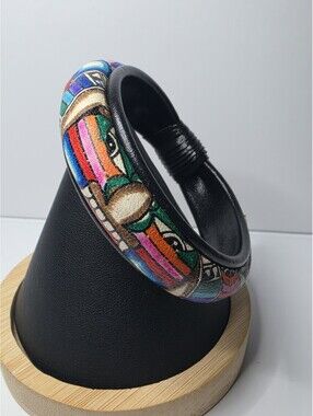 Vintage Mayan Leather Bangle Hand Painted Tribal Mask eye Design Bracelet